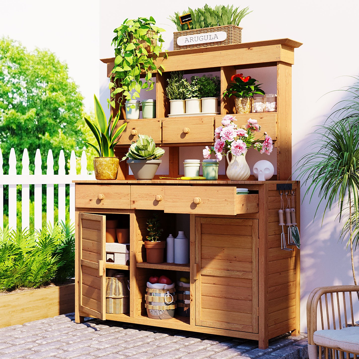 65.7'' H Tall Garden Potting Bench Table with Hutch,Patio Storage Workstation with 3 Shelves,6 Drawers,2 Bottom Cabinets&Side Hooks for Mudroom,Doorway, Natural