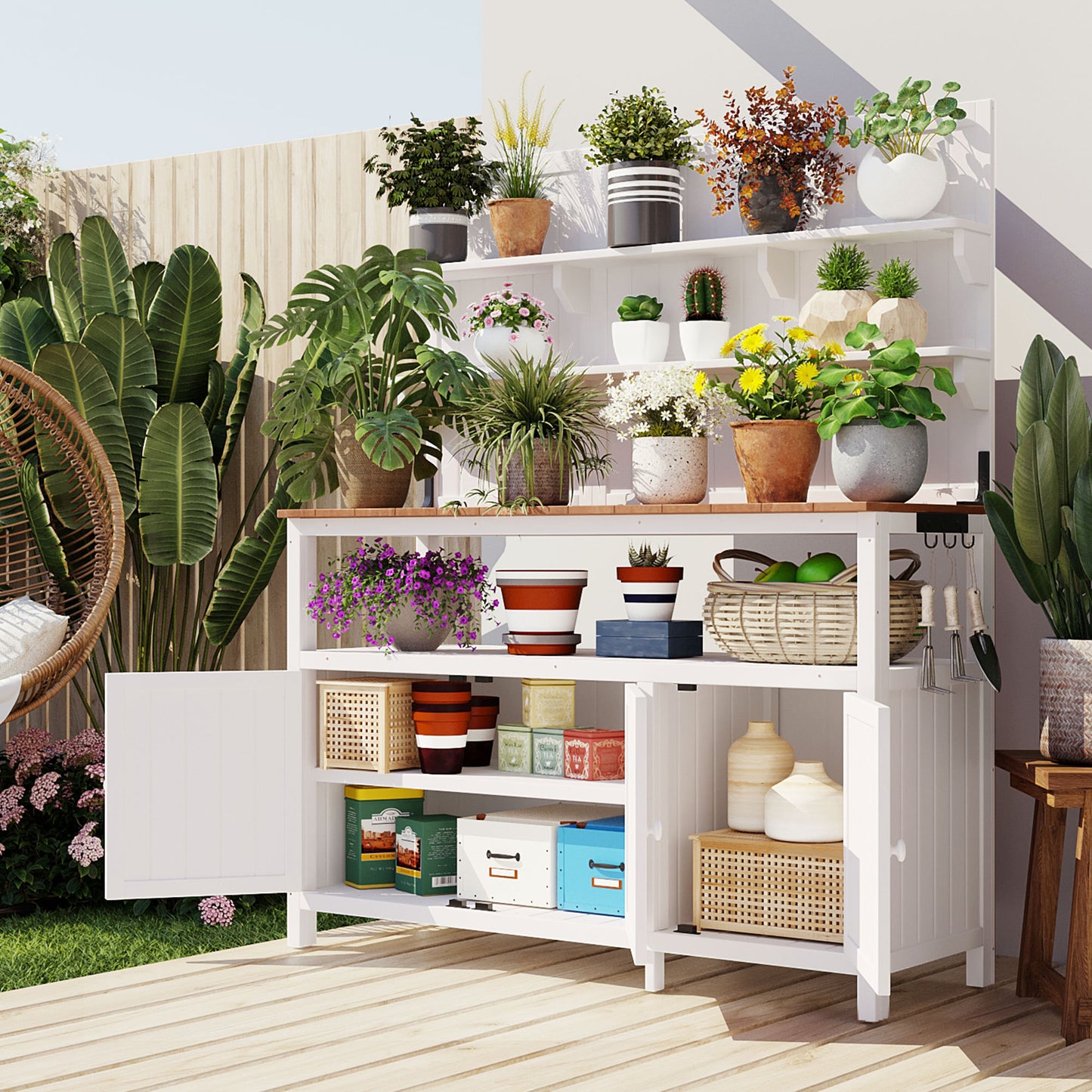 Potting Bench with Hutch, 50.2' Solid Fir Wood Garden Workstation, Large Countertop, 2 Shelves, 2 Cabinets, 3 Side Hooks, Outdoor Planting Table for Gardening, White