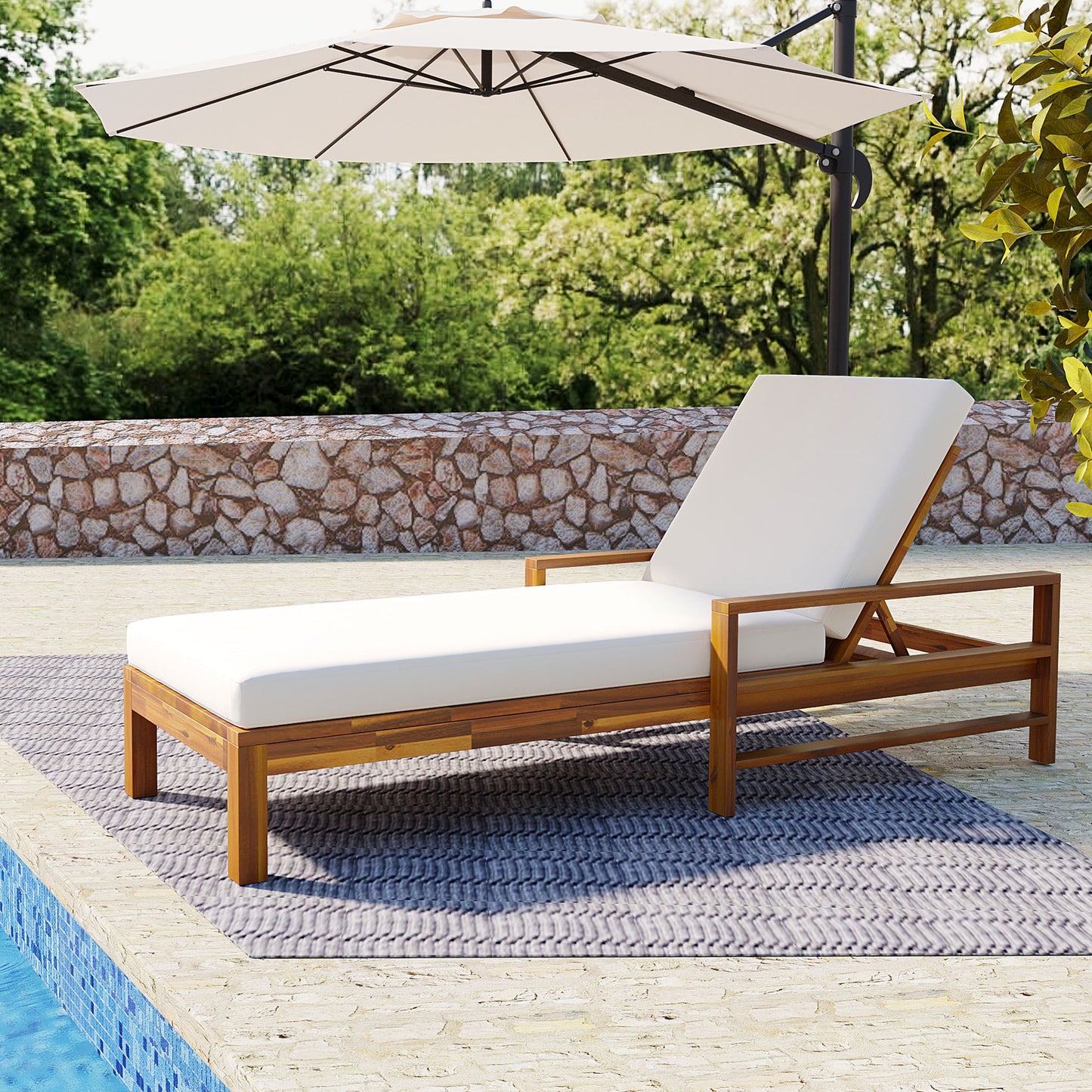 Acacia Wood Adjustable Backrest Outdoor Lounge Chair, Suitable for Gardens, Terraces, and Poolside Areas
