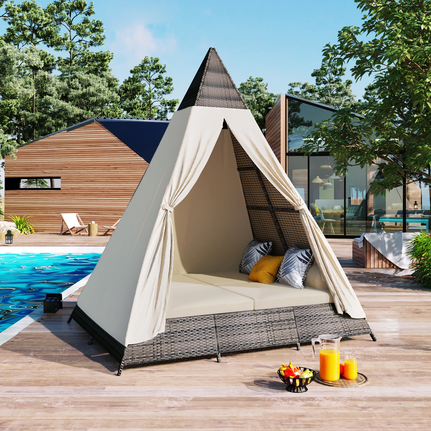 90.5' Length Outdoor Sunbed With Colorful Pillows, Wicker Patio Daybed With Cushions, Tent Shape, Brown and Beige