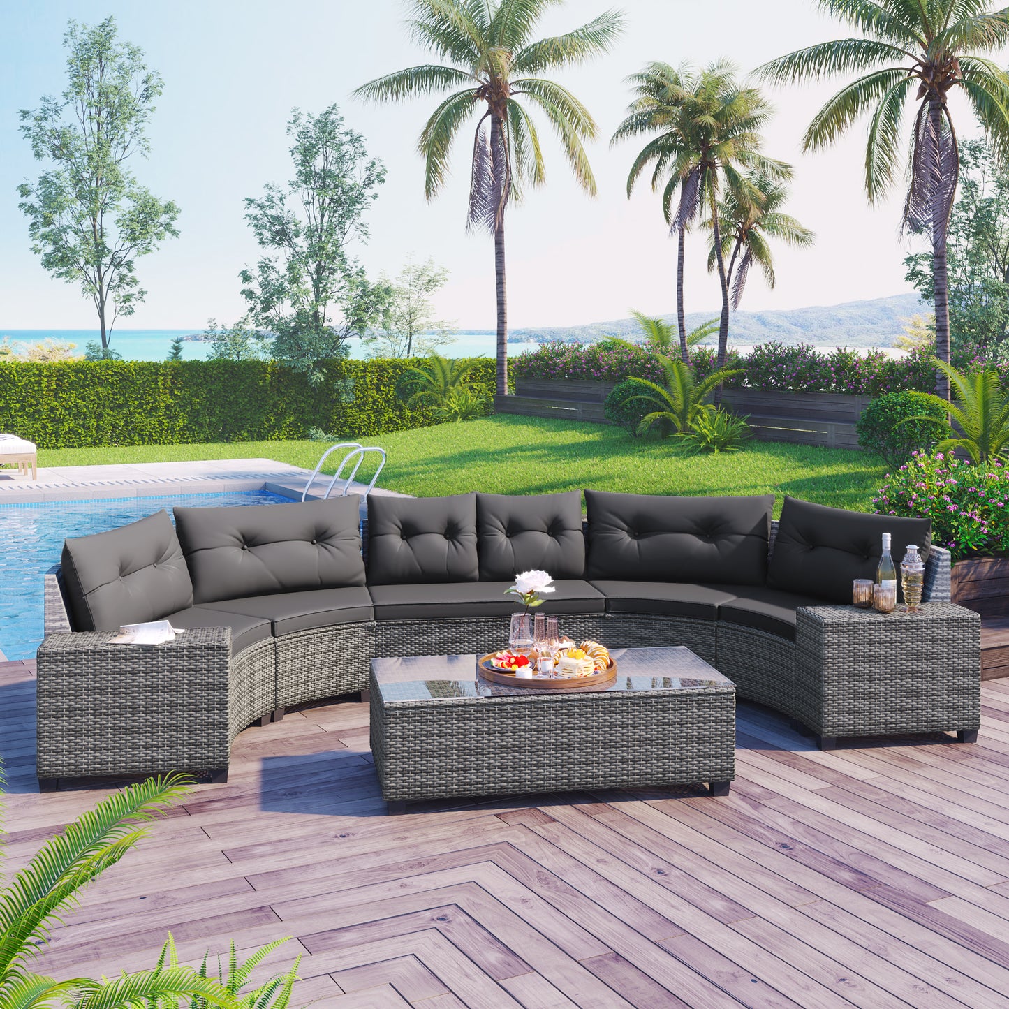 8-pieces Outdoor Wicker Round Sofa Set, Half-Moon Sectional Sets All Weather, Curved Sofa Set With Rectangular Coffee Table, PE Rattan Water-resistant and UV Protected, Movable Cushion, Gray