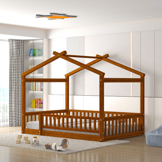 Full Size Wood Bed House Bed Frame with Fence, for Kids, Teens, Girls, Boys,Walnut