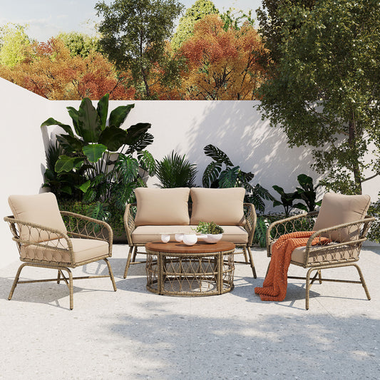 Bohemia-inspired 4-Person Outdoor Seating Group With Removable Cushions, Conversation Patio Set With Wood Tabletop, Beige