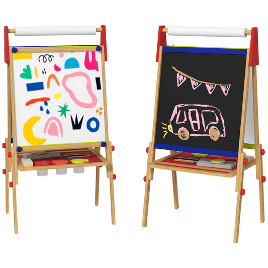 Easel for Kids, 3 in 1 Kids Art Easel with Paper Roll, Whiteboard, Chalkboard, Double Sided & Adjustable Height Wooden Toddler Easel with Painting Accessories, for Kids 3-8 Years, Nature Wood
