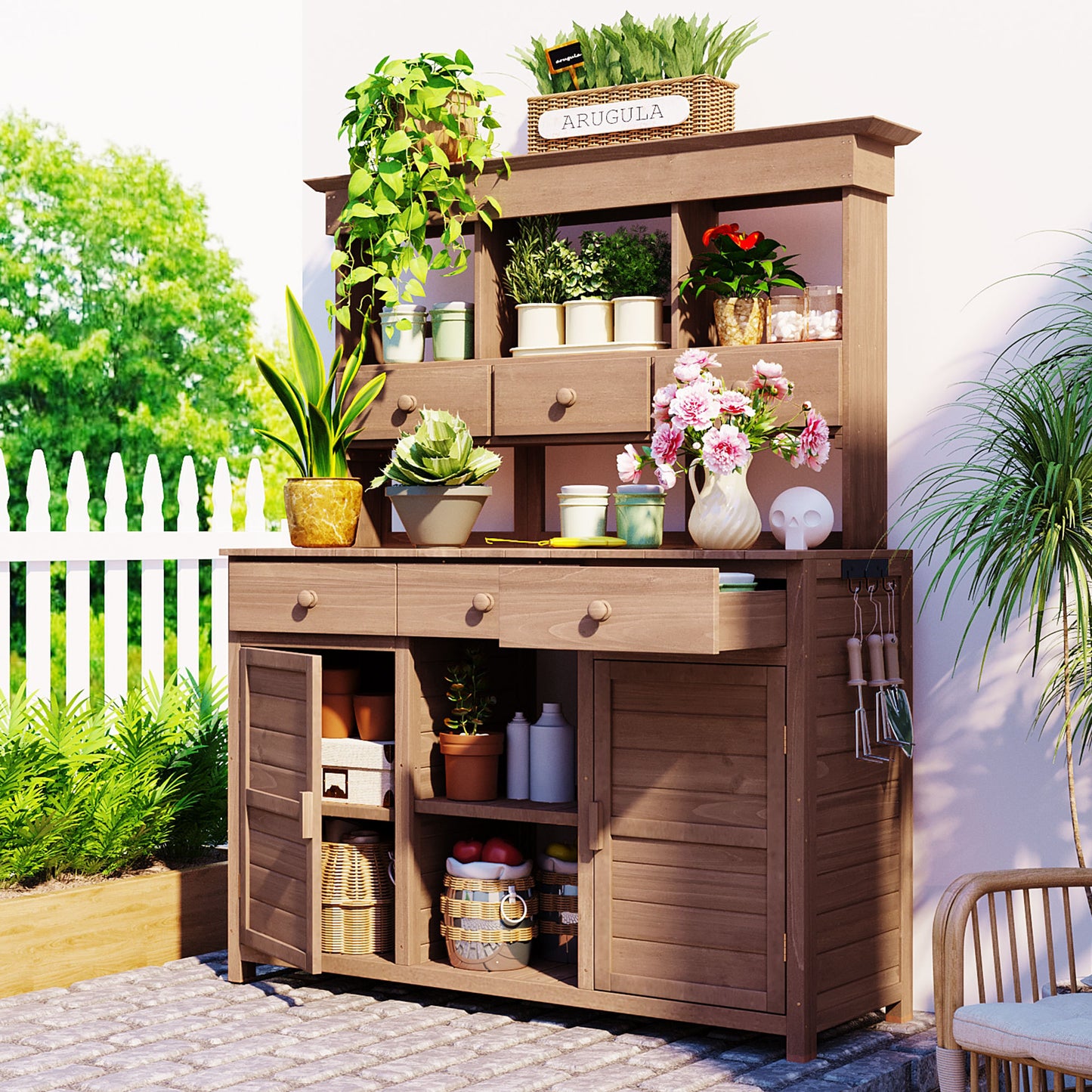 65.7'' H Tall Garden Potting Bench Table with Hutch,Patio Storage Workstation with 3 Shelves,6 Drawers,2 Bottom Cabinets&Side Hooks for Mudroom,Doorway, Brown