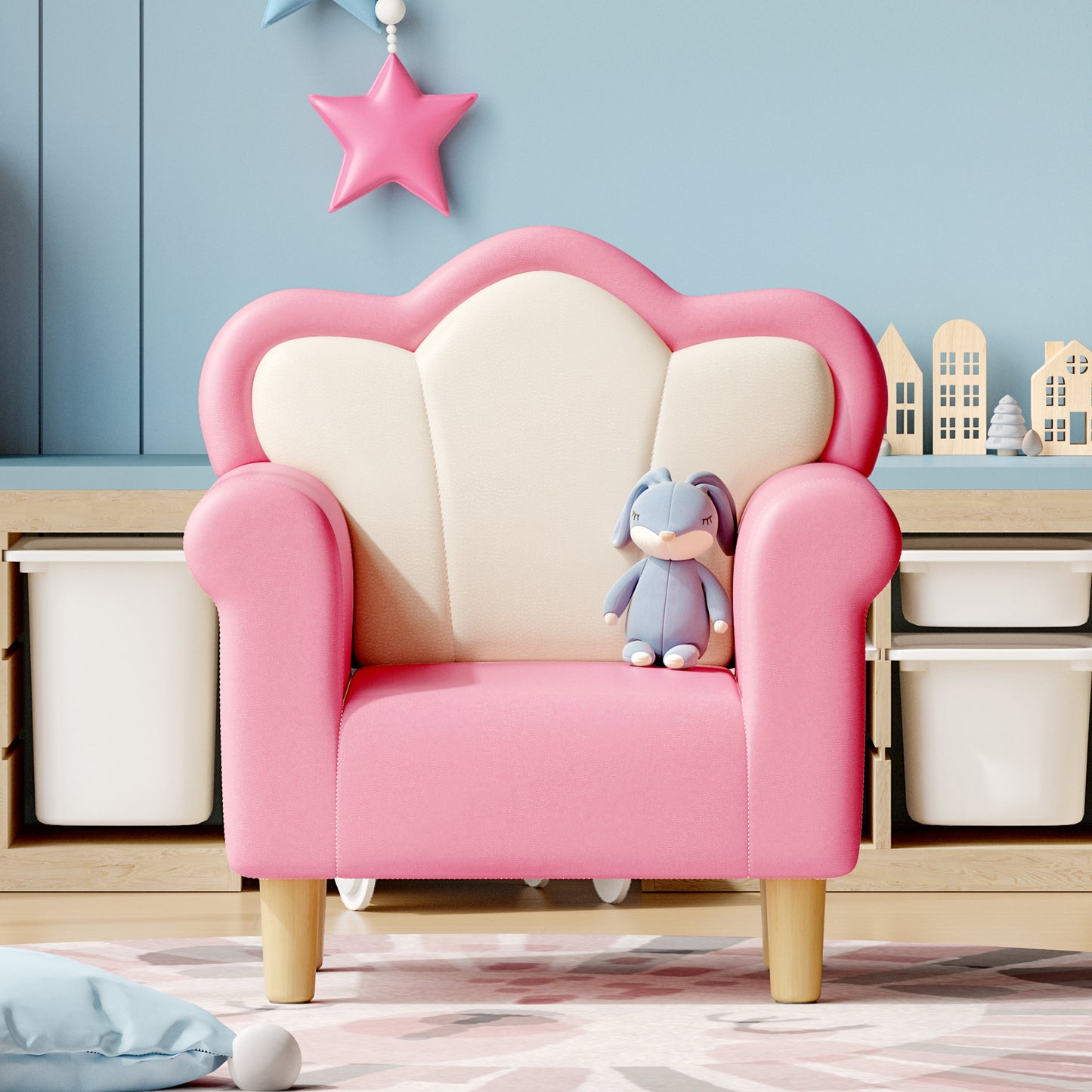 Upholstered Kids Sofa, Princess Armchair for Children, Petal Shape Toddler Sofa Chair for Playroom, Children's Bedroom, Pink+White