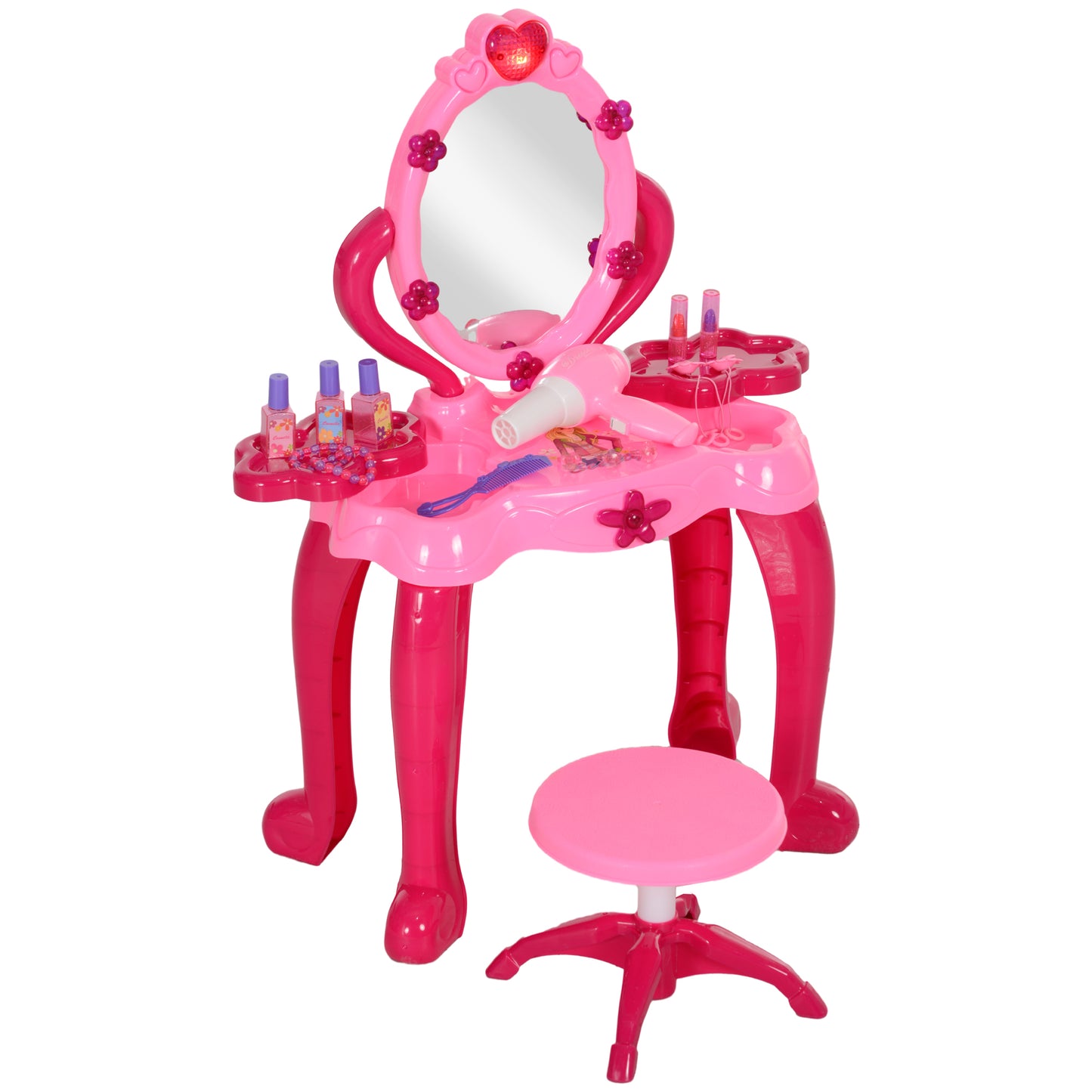 Kids Vanity Set with Mirror and Stool, Girls Makeup Table with Light and Sound, 15 Accessories, Pretend Play Set with Hair Dryer for 3-6 Years, Pink