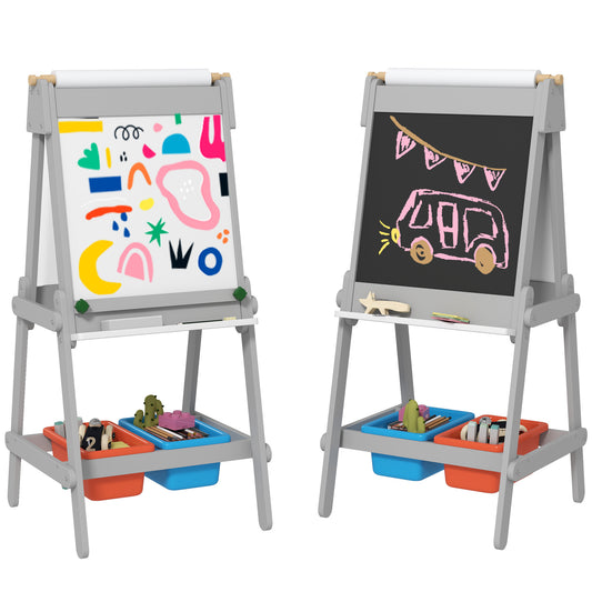 Art Easel, Easel for Kids with Paper Roll, Double Sided Whiteboard & Chalkboard for Toddlers Aged 3-8 Years Old, with Painting Paper Stand, 2 Storage Boxes, Gray