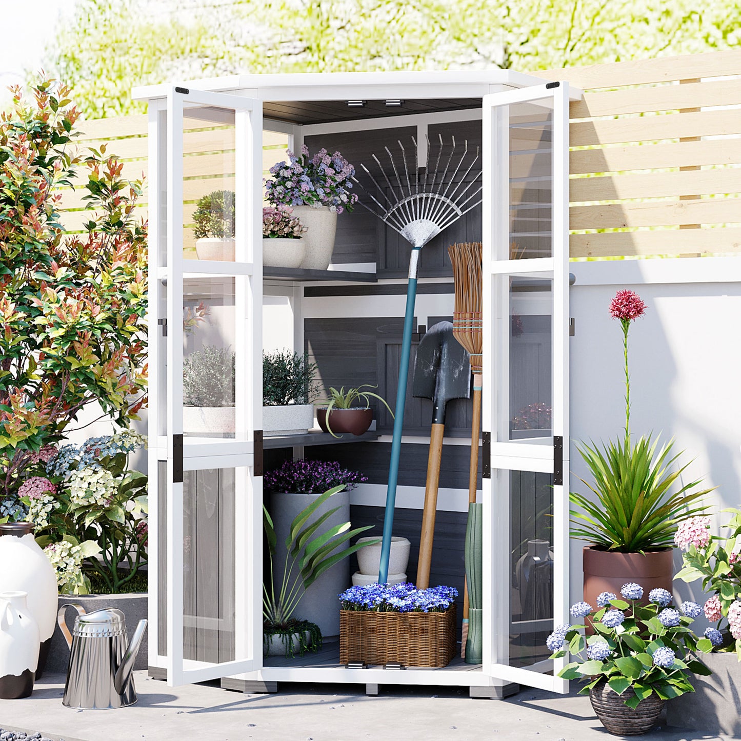 63'' Height Garden Wood Storage Cabinet Outdoor Tool Storage Shed, Mini Greenhouse Cold Frame with Waterproof- Roof and Lockable Door for Backyard,Patio, Lawn, Gray