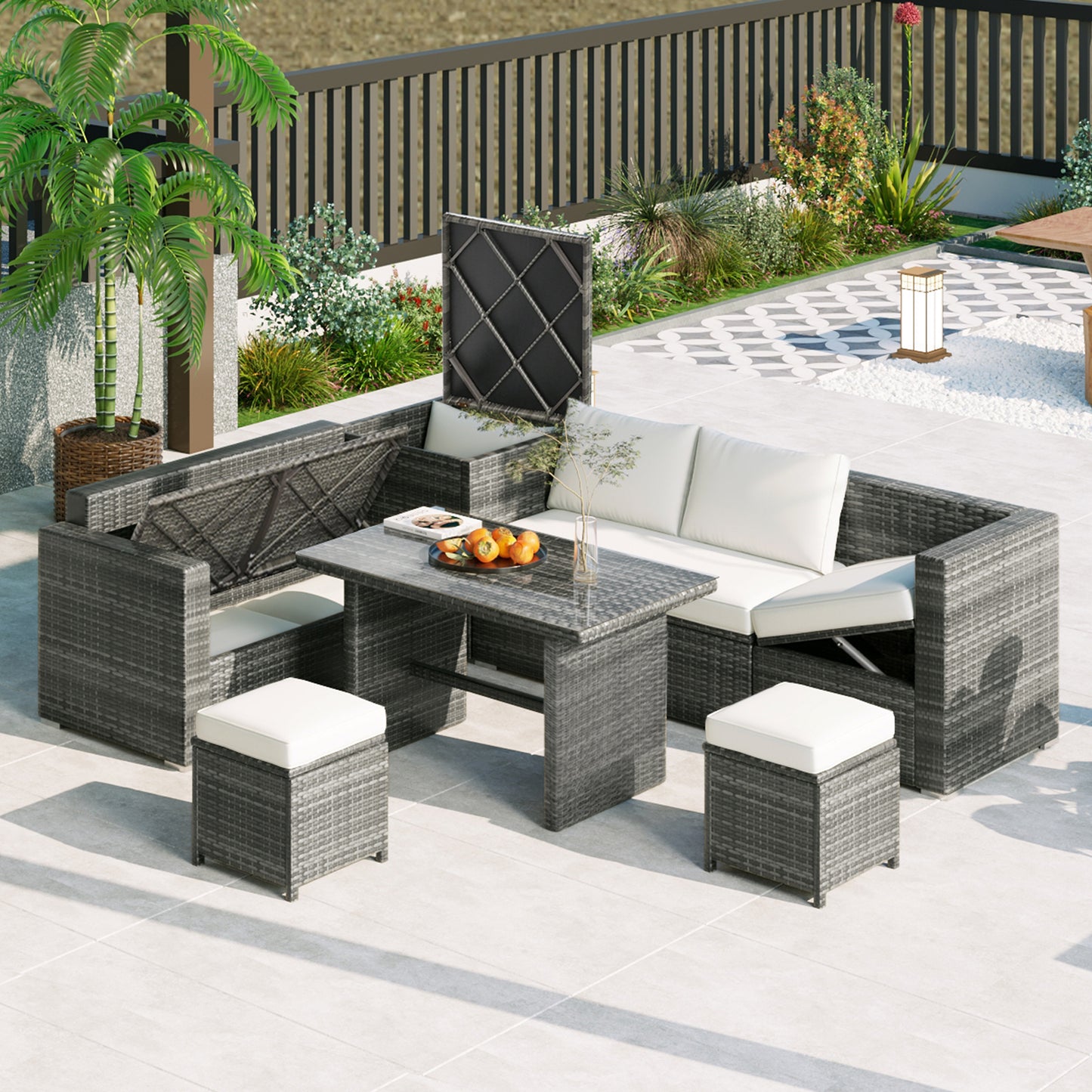 Outdoor 6-Piece All Weather PE Rattan Sofa Set, Garden Patio Wicker Sectional Furniture Set with Adjustable Seat, Storage Box, Removable Covers and Tempered Glass Top Table, Beige