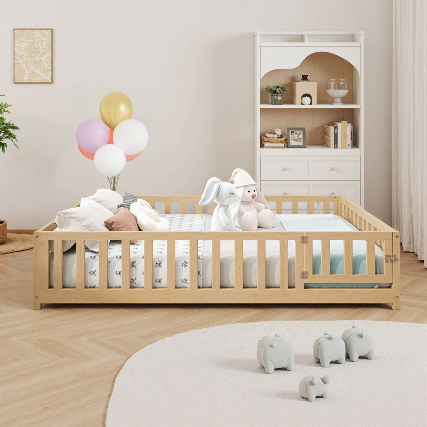 Full Size Floor Platform Bed with Fence and Door for Kids, Montessori Floor Bed Frame with Support Slats for Toddlers, Wooden Floor Bed Natural