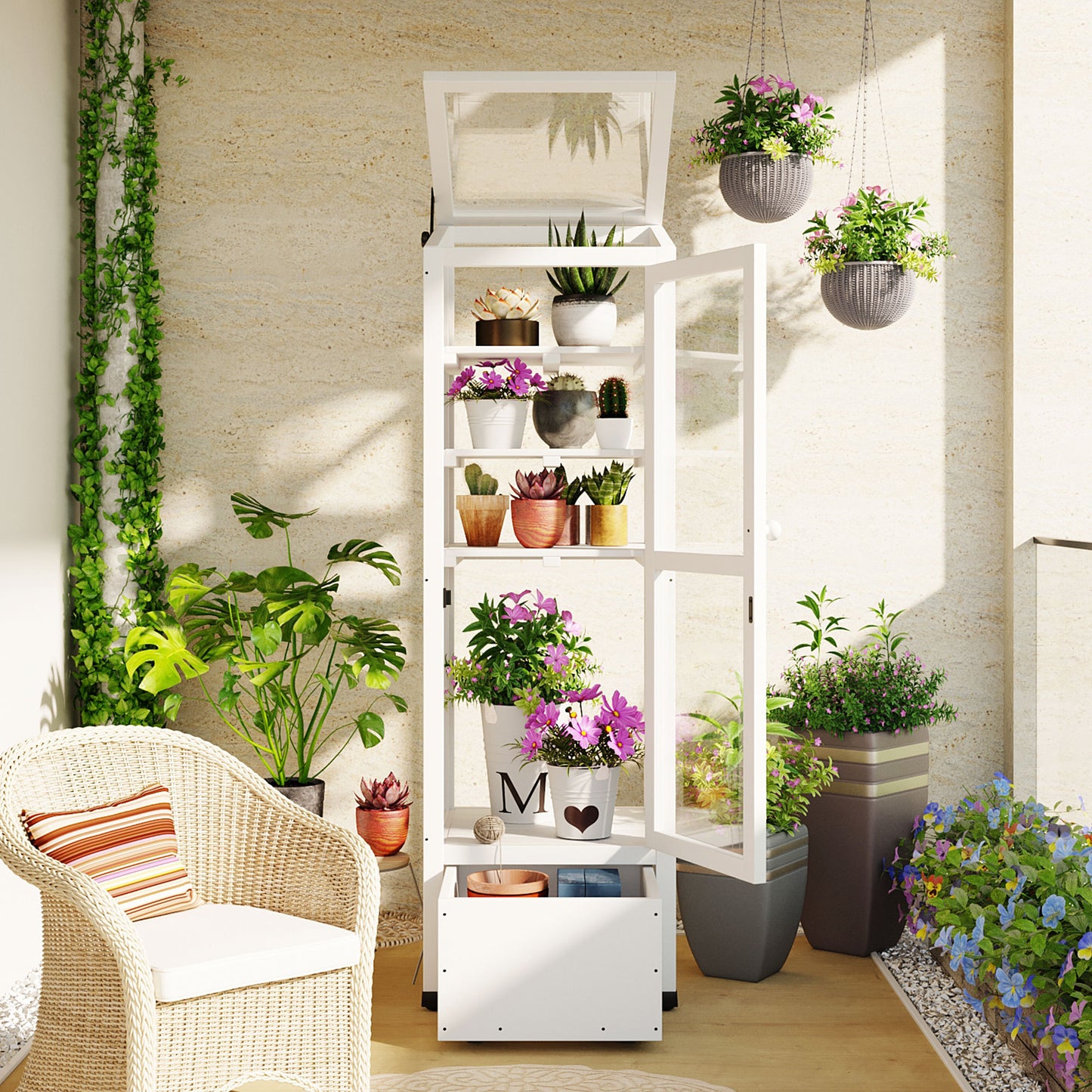 62.4inch Height Wood Garden Greenhouse Balcony Portable Mini Cold Frame with Movable Storage Box and Adjustable Shelves for Outdoor Indoor Use, White