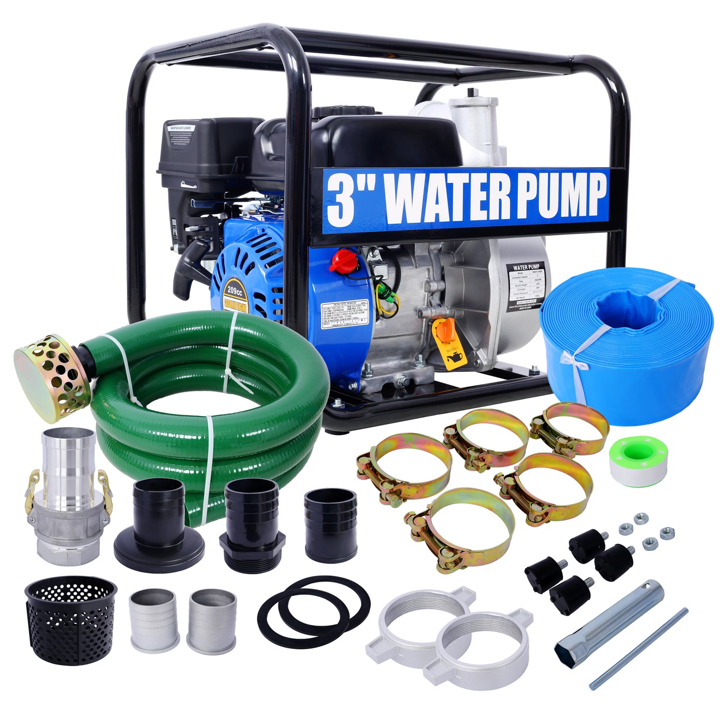 Semi Trash Pump 3 inch, 209cc 7HP 4 stroke OHV ENGINE, Gas Powered Semi Trash Water Pump 50 ft Discharge Hose, 12 ft Suction Hose with Complete Fittings,EPA compliant