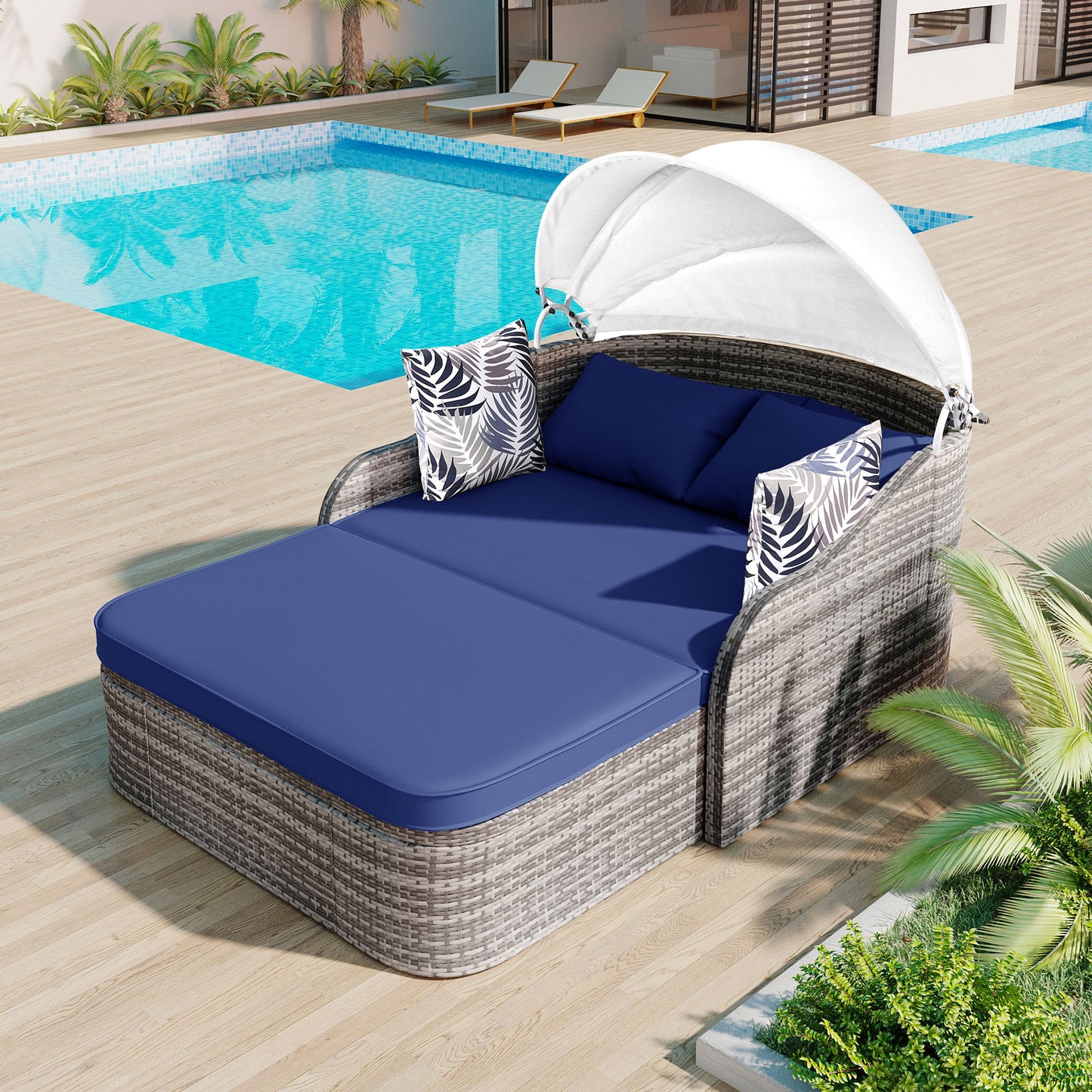 79.9' Outdoor Sunbed with Adjustable Canopy, Daybed With Pillows, Double lounge, PE Rattan Daybed, Gray Wicker And Blue Cushion