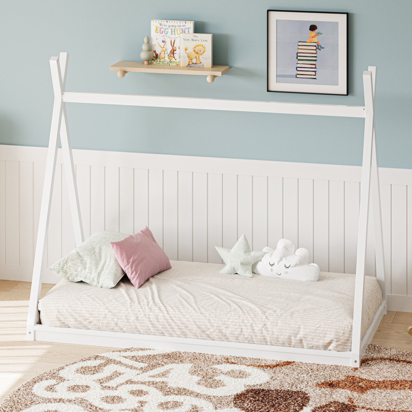 Wood Twin Size Tent Bed for Kids, Montessori Style Low-Floor Bed, House Shape Tent Bed Frame for Boys Girls Teens, Without Slats,White