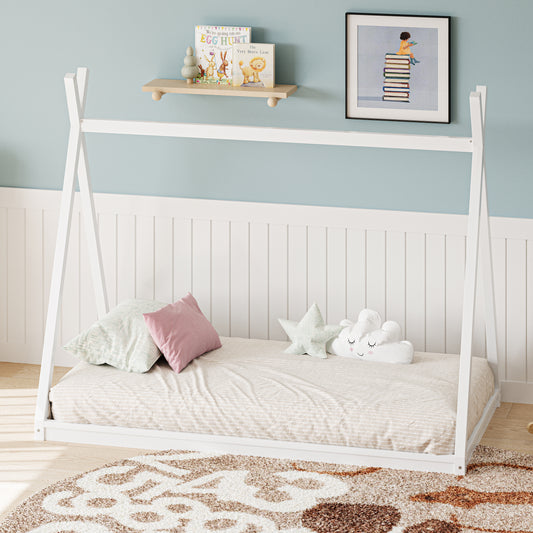 Wood Twin Size Tent Bed for Kids, Montessori Style Low-Floor Bed, House Shape Tent Bed Frame for Boys Girls Teens, Without Slats,White