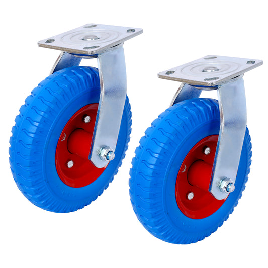 2PCS 8IN CASTER FLAT FREE WHEEL, SWIVEL Caster Wheel,Steel Hub with Ball Bearings, 5/8-Inch Bore Centered Axle -Blue
