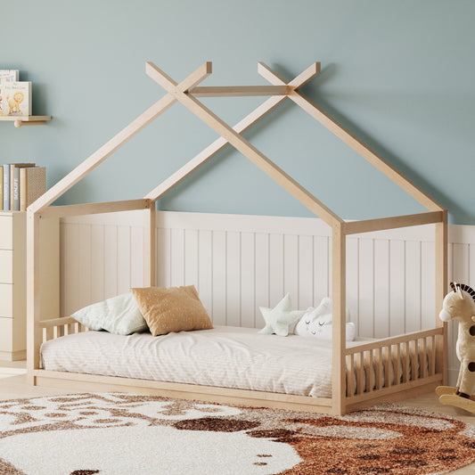 Twin Size Montessori Style House Bed for Kids,Floor Bed Frame with Headboard and Footboard,Wooden Fence Bed for Girls,Boys,Easy Assembly, Slat Not Included, Natural