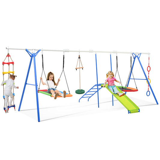 6 in 1 Swing Set for Kids, Toddle Outdoor Swing and Slide Set, Backyard Playground Playsets with Climbing Rope ladder, Disc Swing, Monkey Bar Swing, Slide and Climbing, Saucer Swing, Swing ring