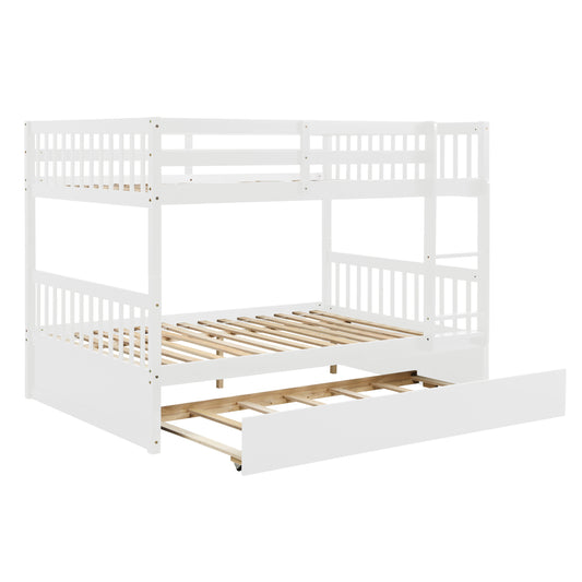 Full Over Full Bunk Bed with Trundle, Convertible to 2 Full Size Platform Bed, Full Size Bunk Bed with Ladder and Safety Rails for Kids, Teens, Adults,White-1