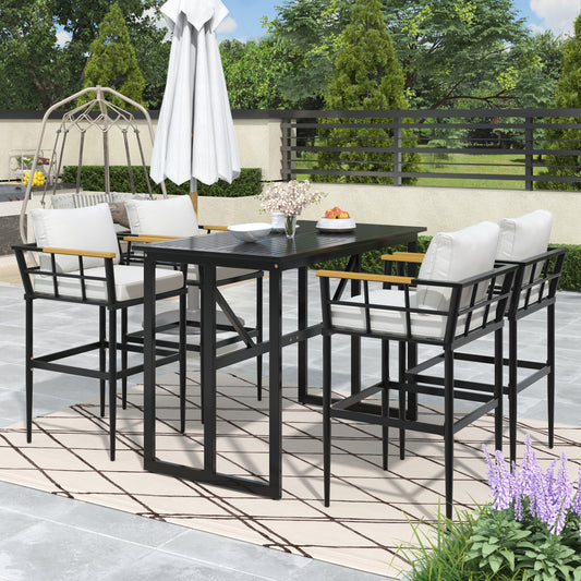 Iron Outdoor Dining Set with Acacia Wood Armrest Suitable For Patio, Balcony Or Backyard