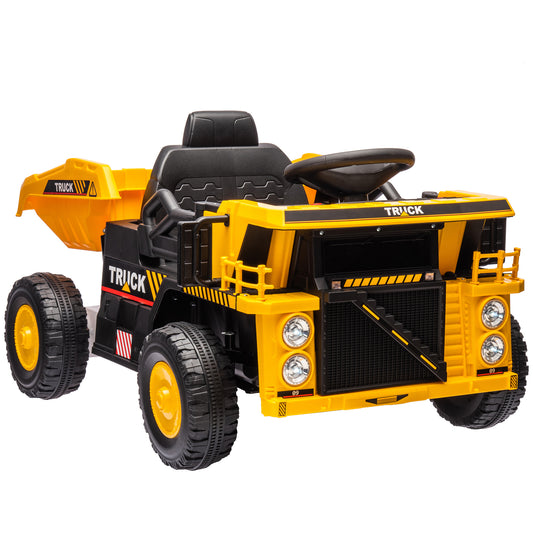 Kids Ride on Dump Truck, 12V Ride on Car with Electric Dump Bed and Extra Shovel, Spring Suspension Wheels, Music Player, LED Headlights for Boys & Girls Ages 3-5 Years