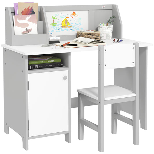 Toddler Desk and Chair Set, Kids Writing Desk Study Table for Children with Whiteboard, Storage Cabinet, Child Furniture, Art Gifts for Kids, Gray