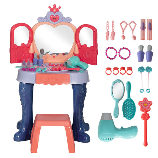 Kids Vanity Set with Mirror and Stool, Toddler Makeup Table with Music, Light, Drawer, Hair Dryer, 20 Makeup Accessories, Girls Vanity for Ages 3-6, Multicolor