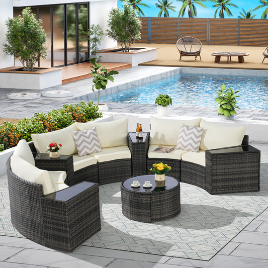Outdoor Patio Furniture 11-Piece Half-Moon Sectional Round Patio Furniture Set Sofa with Tempered Glass Round Coffee Table