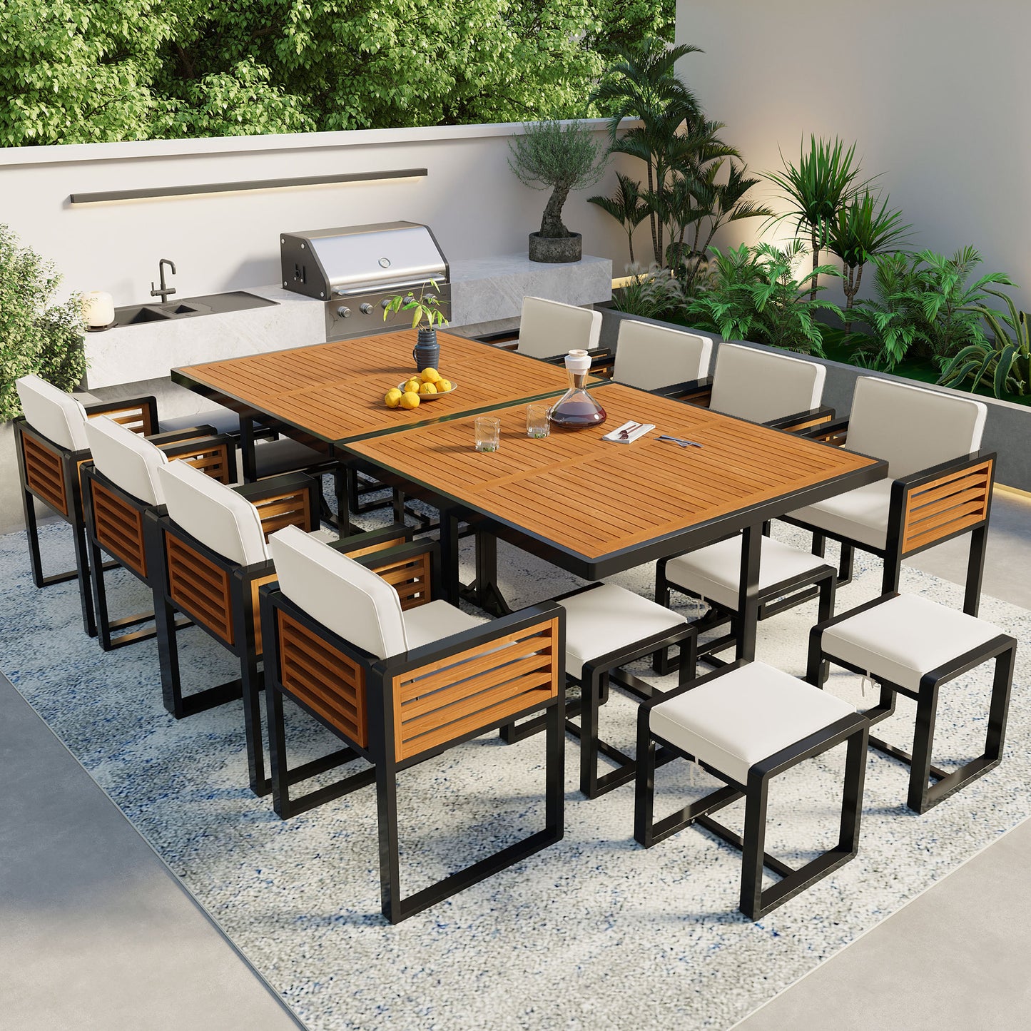 18-Pieces Acacia Wood Patio Dining Set, Space Saving Outdoor Patio Set, 8 Cushioned Chairs & 8 Ottomans & 2 Square Table, for Backyard, Garden, Deck and Poolside, Beige