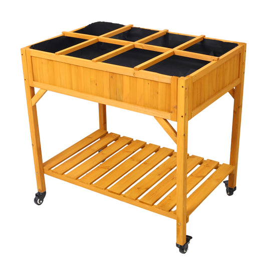 Elevated 8 Pocket Herb Garden Bed, Mobile Raised Customizable Wood Planter for Herbs, Vegetables, Flowers w/ Lockable Wheels, Storage Shelf, Drainage Holes