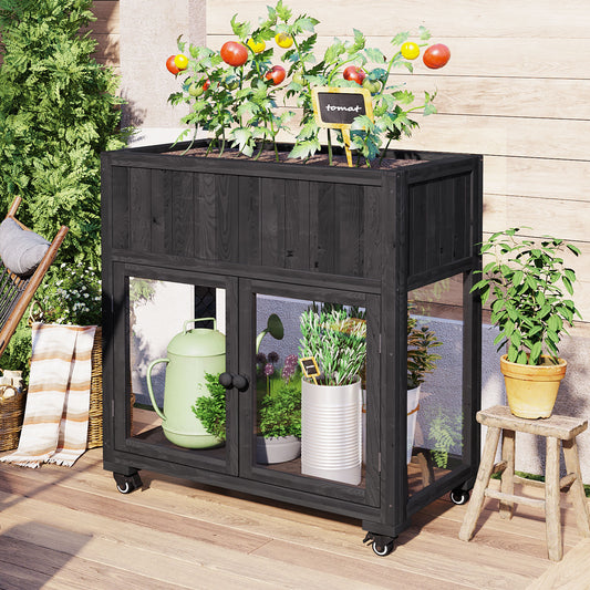 Patio 35.4''x17.7''x37.4'' Mini Wood Cold Frame, Compact 2 Doors Garden Greenhouse with Wheels, Raised Bed with Liner for Indoor Outdoor Use, Black