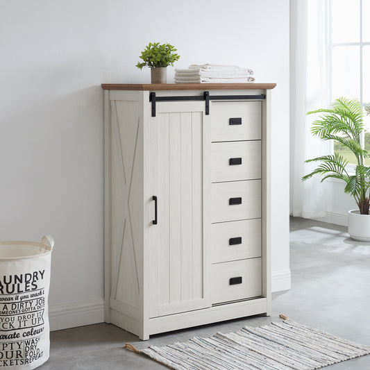 5 Drawers Dresser w/Sliding Barn Door, Farmhouse Modern Tall Dresser 5 Chest of Drawers, Storage Organizer Dresser for Bedroom, Hallway, Living Room, Kids Room WHITE