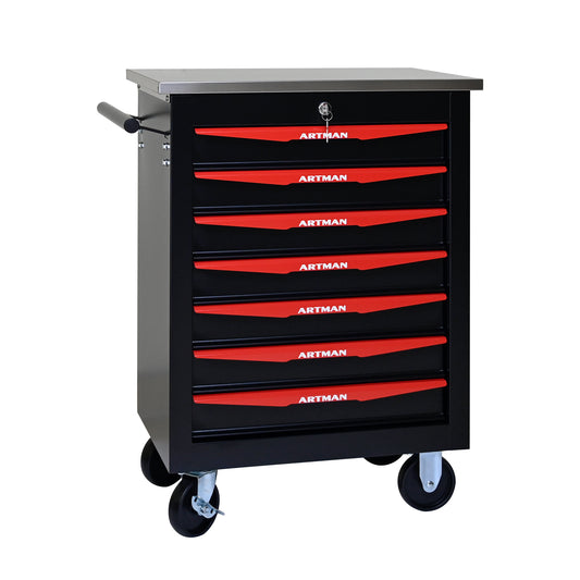 7 Drawers Multifunctional Tool Cart with Wheels,Metal Rolling Tool Cart Storage for Garage Workshop Warehouse Repair Shop--With Stainless Steel Roof- BLACK&RED