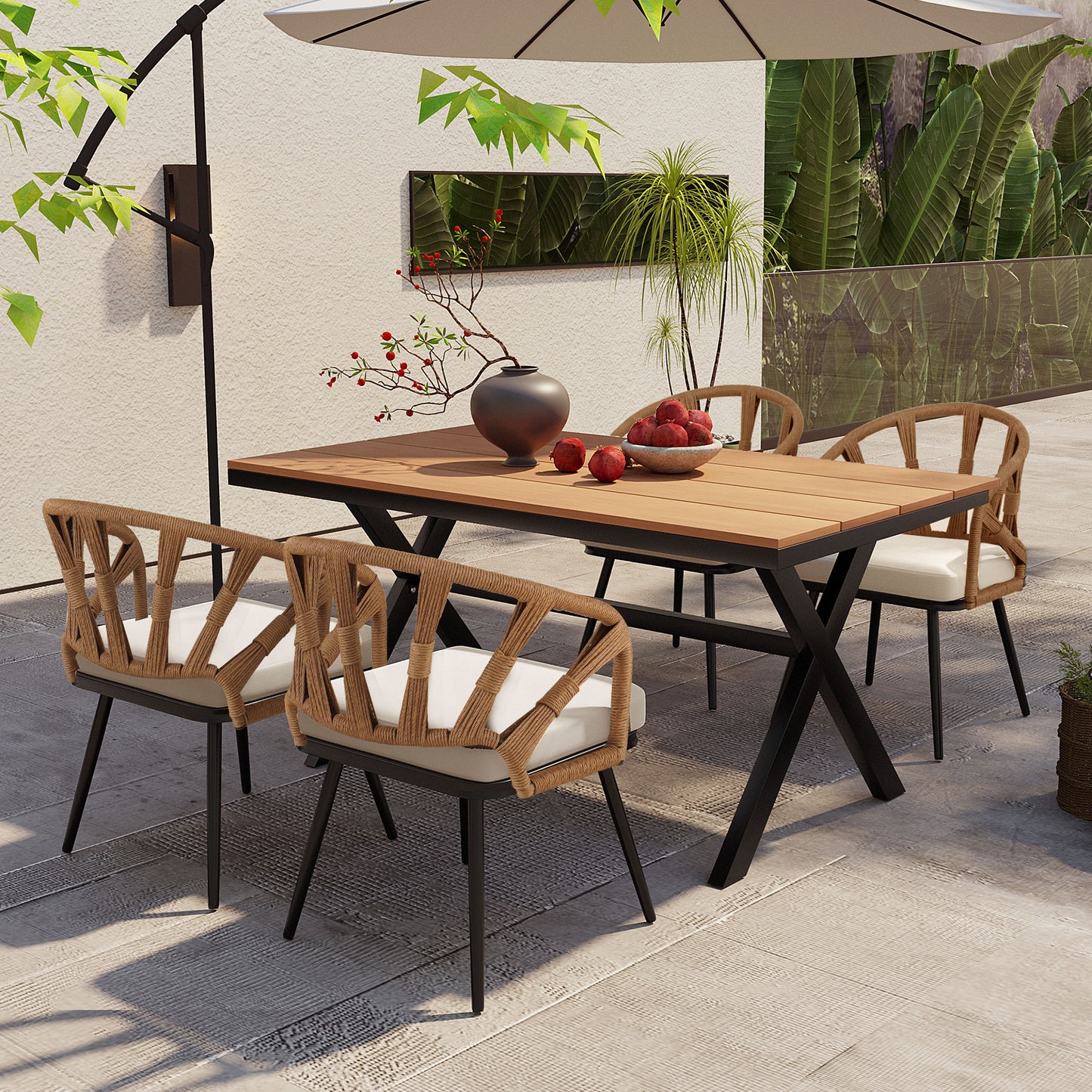 Contemporary Outdoor Set with PE Rattan Chairs and Plastic Wood Table,Suitable for Gardens and Lawns
