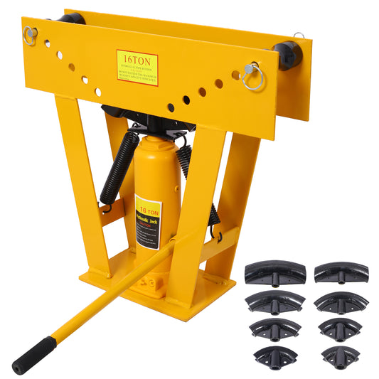16 Ton Pipe Tube Bender Manual Hydraulic, Piping Bending Exhaust Tube Fabric w/8 Dies(1/2,3/4,1,1-1/4,1-1/12,2,2-1/2,3) Adjustable Rollers 90-180 Degree Bend Steel Iron Metal Ratcheting,yellow