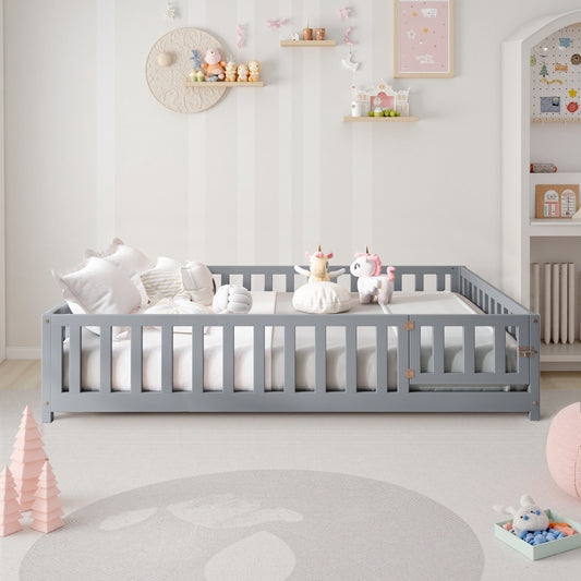 Full Size Floor Platform Bed with Fence and Door for Kids, Montessori Floor Bed Frame with Support Slats for Toddlers, Wooden Floor Bed Grey