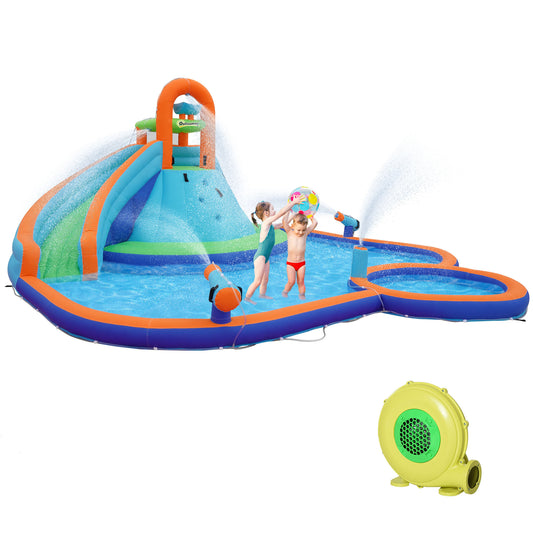 Kids Inflatable Water Slide 4-in-1 Bounce House Water Park Jumping Castle with Water Pool, Slide, Climbing Walls, & 2 Water Cannons, 450W Air Blower