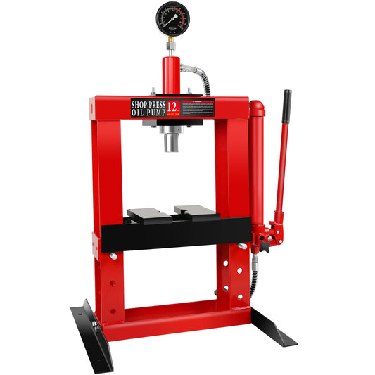 12-Ton Adjustable Benchtop Hydraulic Shop Press for Garage w/Stamping Plates & Pressure Gauge, Manual Hand Pump
