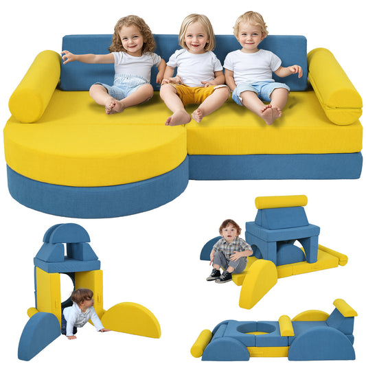 Modular Kids Play Couch, 14 Piece Kids Couch, Child Sectional Sofa for Playing, Sitting & Sleeping, Convertible Foam Floor Cushions for Boys & Girls, Yellow