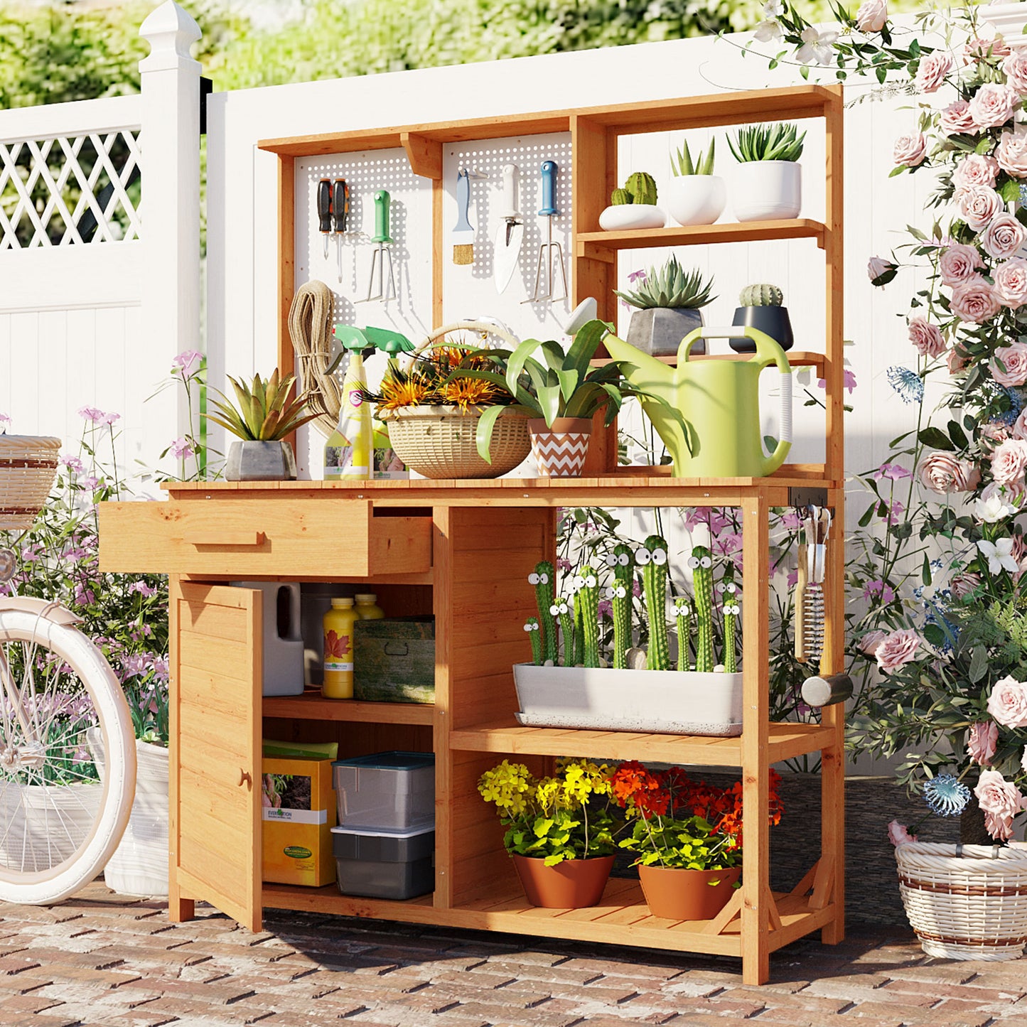 Fir Wood Potting Bench with Hutch, Garden Workstation for Planting, 4 Shelves & Adjustable Storage, Pegboard with Hooks, 50.2''Countertop, Drawer & Cabinet, Natural