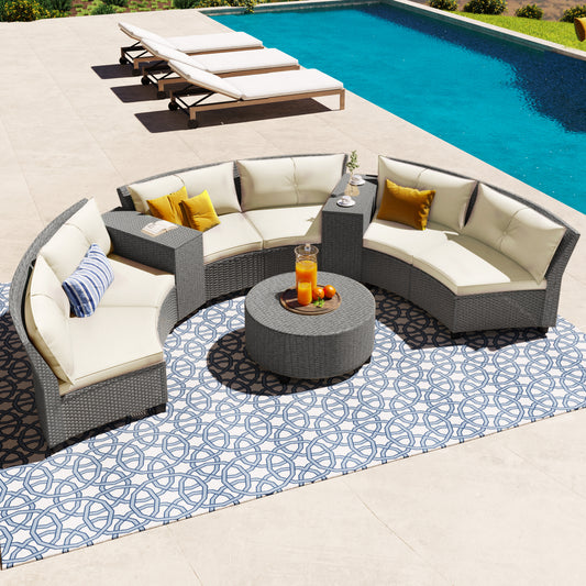 6 - Person Fan-shaped Rattan Suit Combination with Cushions and Table,Suitable for Garden
