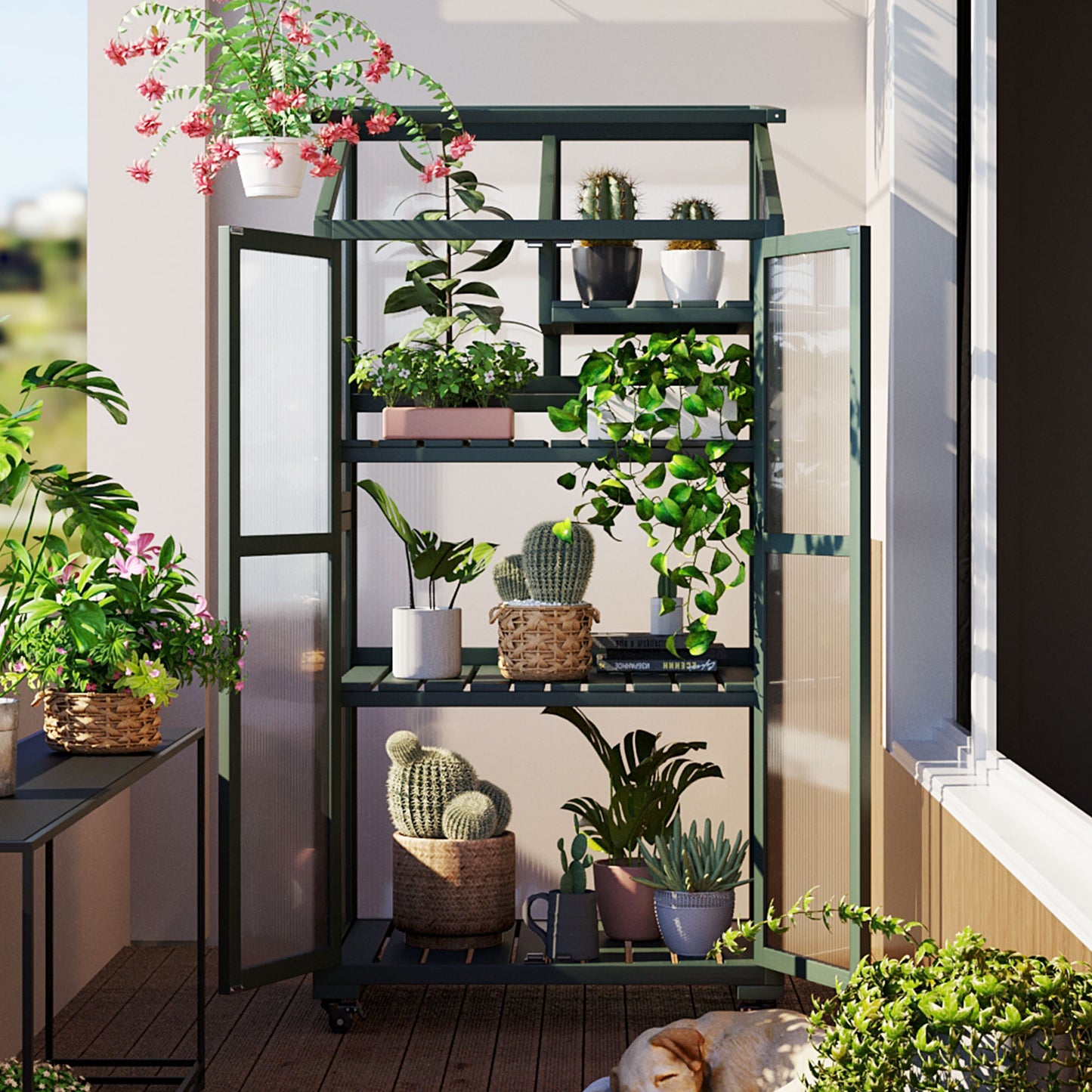 62inch Height Wood Large Greenhouse Balcony Portable Cold Frame with Wheels and Adjustable Shelves for Outdoor Indoor Use, Forest Green