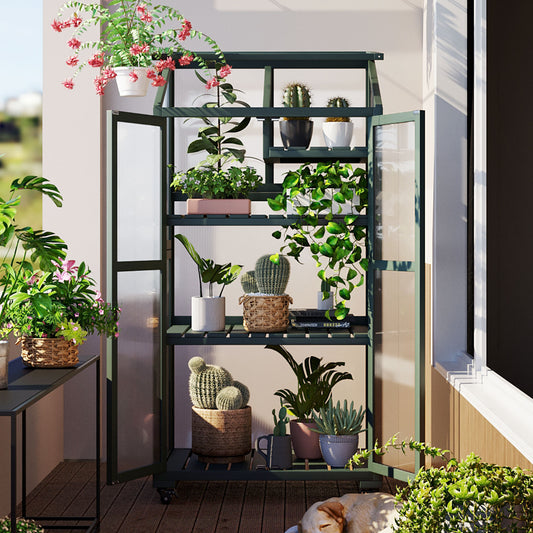 62inch Height Wood Large Greenhouse Balcony Portable Cold Frame with Wheels and Adjustable Shelves for Outdoor Indoor Use, Forest Green