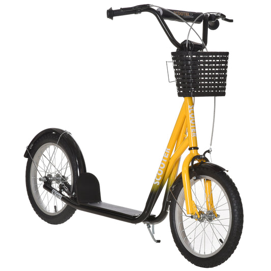 Youth Scooter, Kick Scooter with Adjustable Handlebars, Double Brakes, 16' Inflatable Rubber Tires, Basket, Cupholder, Orange