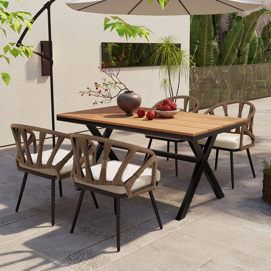 Contemporary Outdoor Set with PE Rattan Chairs and Plastic Wood Table,Suitable for Gardens and Lawns