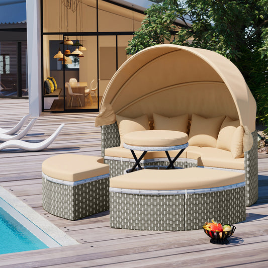 Patio Furniture Round Outdoor Sectional Sofa Set Rattan Daybed Two-Tone Weave Sunbed with Retractable Canopy, Separate Seating and Removable Cushion, Light Coffee
