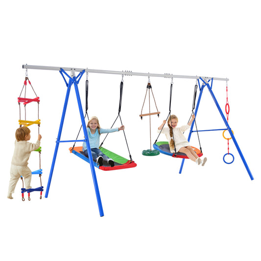 5 in 1 Outdoor Toddler Swing Set for Backyard, Playground Swing Sets with Steel Frame, Multifunction Playsets for Kids with Climbing Ladder, Saucer Swing, Monkey Bar Swing, Disc Swing and Swing Ring