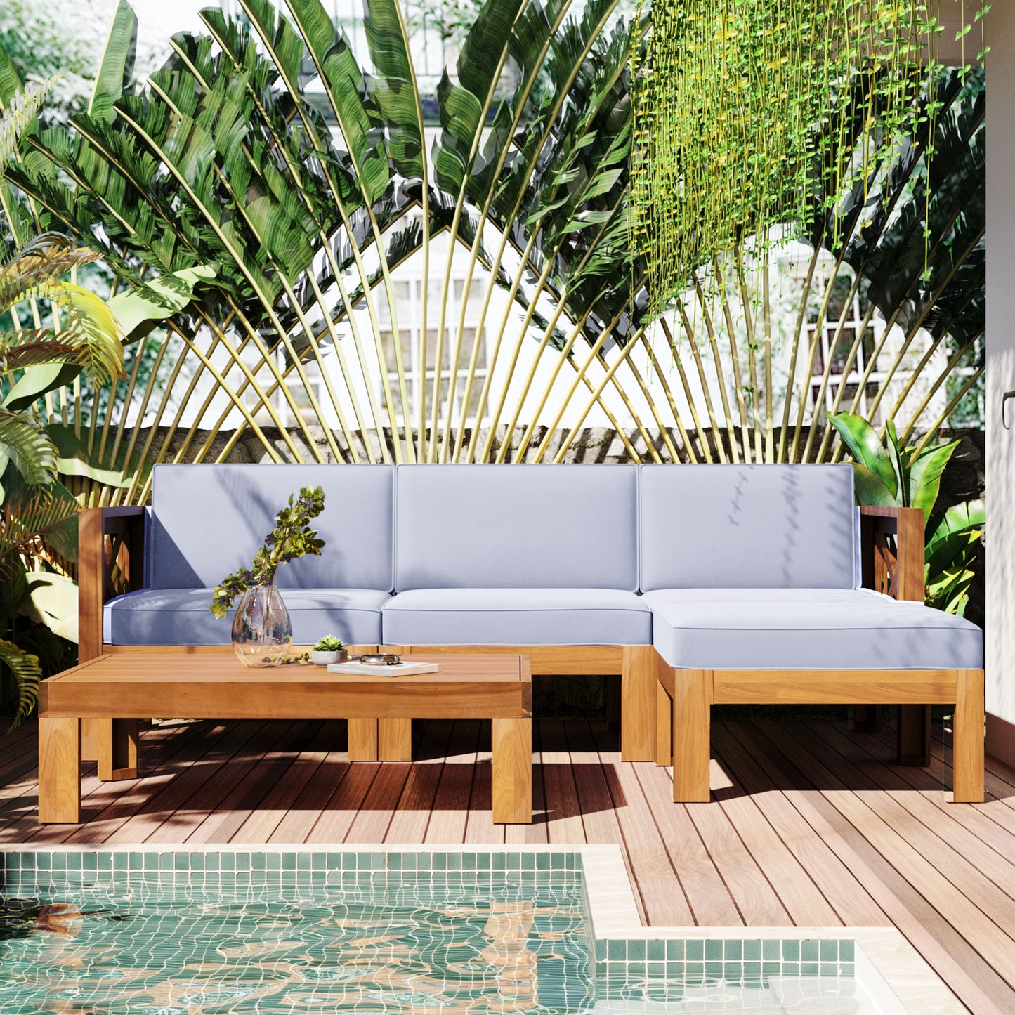 Outdoor Backyard Patio Wood 5-Piece Sectional Sofa Seating Group Set with Cushions, Natural Finish+ Gray Cushions