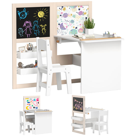 Kids Table and Chair Set, 3 in 1 Kids Art Table and Chair Set with Storage Shelves, Foldable Blackboard, Whiteboard & Roll Paper, Toddler Table and Chair Set for 3-8 Years, White